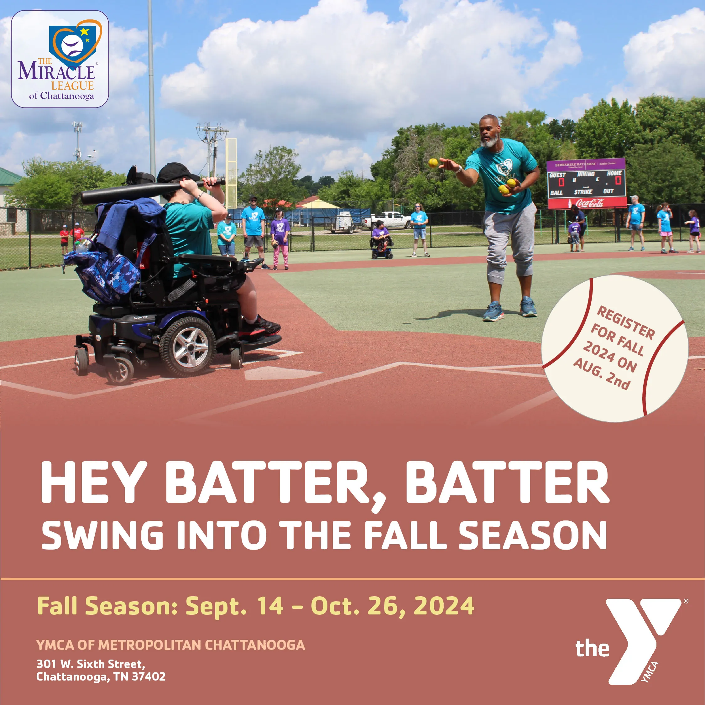A disabled child in a wheelchair swings the baseball bat as a pitch is thrown towards home plate