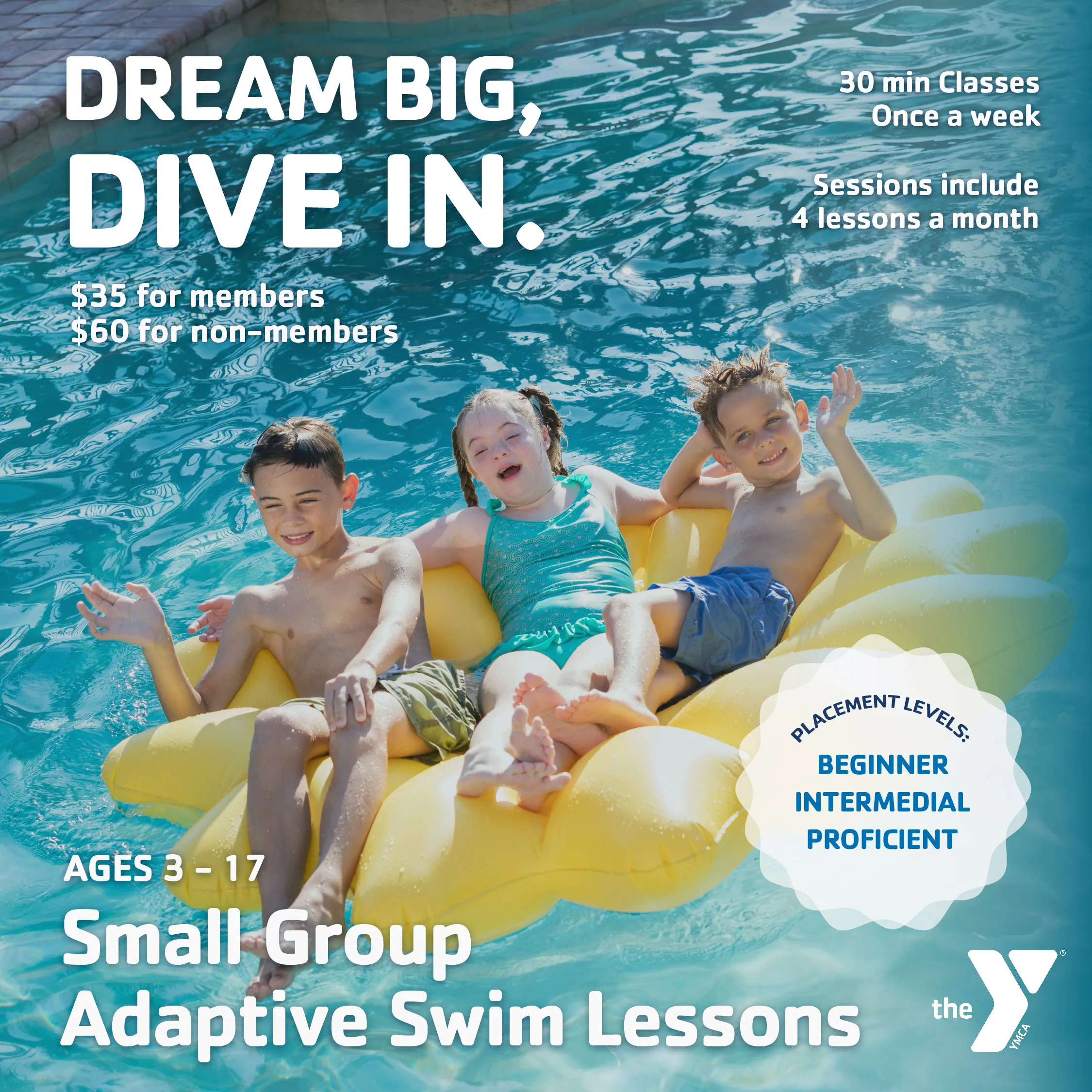A group of young children sitting on a big yellow pool float together, the children are laughing & waving.